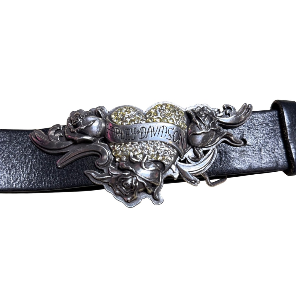 Harley-Davidson Womens Black Leather Heart Rose Rhinestone Belt